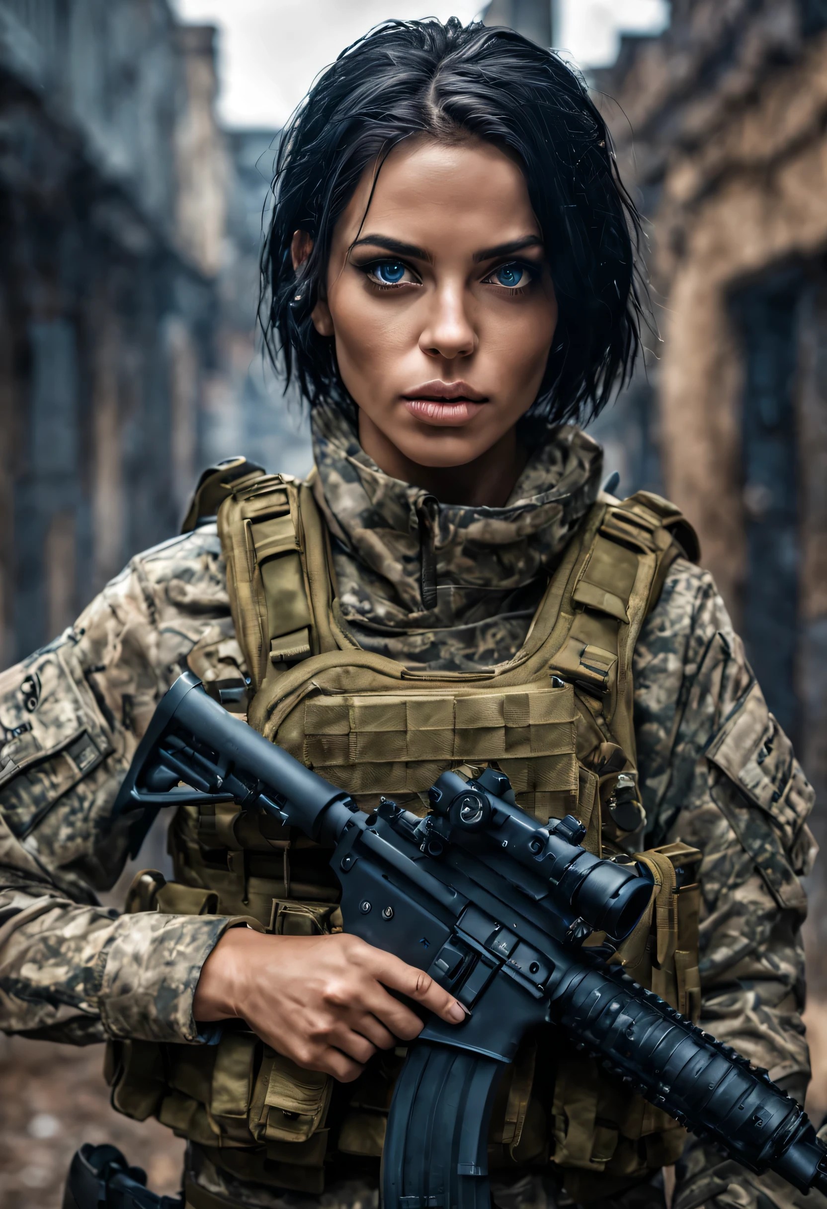 Cinematic battlefield in ruin city, a ultra-detailed hyperrealist photography of a beautiful 20 years old Brazilian soldier woman, (black Straight Chanel hair), blue eyes, Brazilian aesthetics, , armed with water gun, short hair, night, curvy, beautiful curves, army aesthetics, special forces outfit, high emphasis on detail, style Semi Impasto, matte painting, atmospheric, glowing, dramatic lighting, beautiful eyes, symmetric eyed, perfect eyes, by Magali Villeneuve, wet, moist, reflection, (masterpiece) ( Perfect proportions) (realistic photos) (highest quality) (detail) shot taken by Canon EOS R5, 50mm lens, f/2.8, HDR, (8k) (wallpaper) (movie lighting) (dramatic lighting) (sharp focus) (complex) fashion, special forces, captain, Brazilian military, in combat, realistic uniform, multicam, fit, chest protection, united states military, camouflaged, multicam, Brazil patter,Brazil patch bulletproof vest, covered skin, bullet proof vest, weapon, gun, m4a1, m4a1 sopor, special UHD!