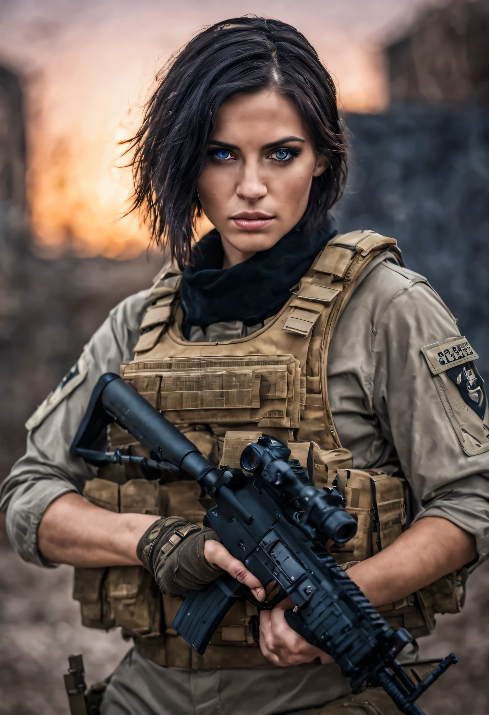 Cinematic battlefield in ruin city, a ultra-detailed hyperrealist photography of a beautiful 20 years old Israeli soldier woman, (black Straight Chanel hair), blue eyes, Israeli aesthetics, short hair, night, curvy, beautiful curves, army aesthetics, special forces outfit, high emphasis on detail, style Semi Impasto, matte painting, atmospheric, glowing, dramatic lighting, beautiful eyes, symmetric eyed, perfect eyes, by Magali Villeneuve, wet, moist, reflection, (masterpiece) ( Perfect proportions) (realistic photos) (highest quality) (detail) shot taken by Canon EOS R5, 50mm lens, f/2.8, HDR, (8k) (wallpaper) (movie lighting) (dramatic lighting) (sharp focus) (complex) fashion, special forces, captain, Israeli military, armed with water pistols, in combat, realistic uniform, multicam, fit, chest protection, united states military, camouflaged, multicam, Israeli patter,Israeli patch bulletproof vest, covered skin, bullet proof vest, weapon, gun, m4a1, m4a1 sopor, special UHD!