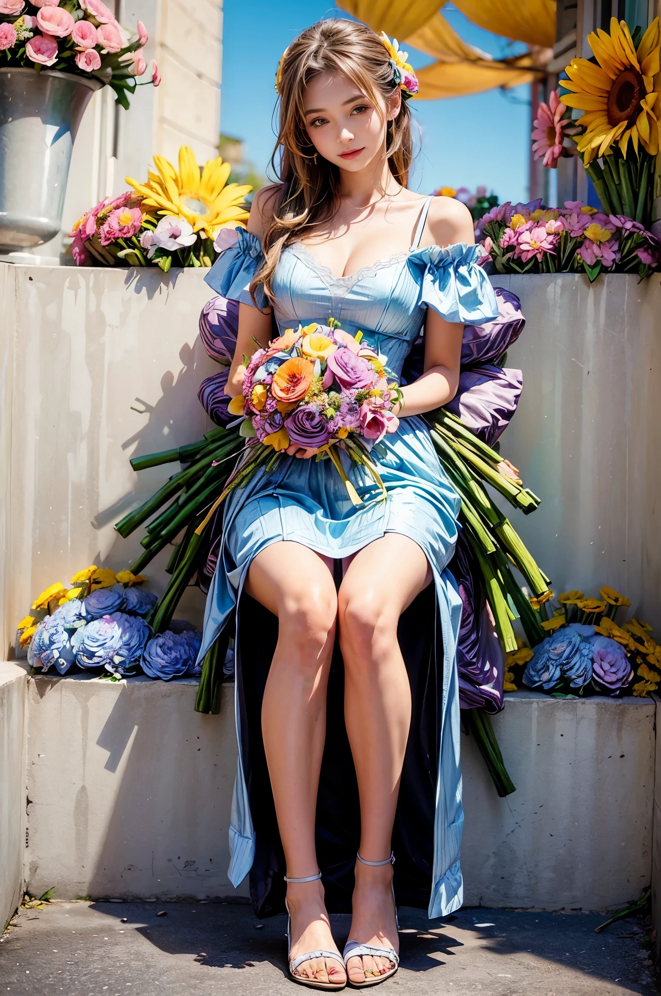 Perfect and detailed feet、 (Grab a bouquet of colorful flowers:1.4)