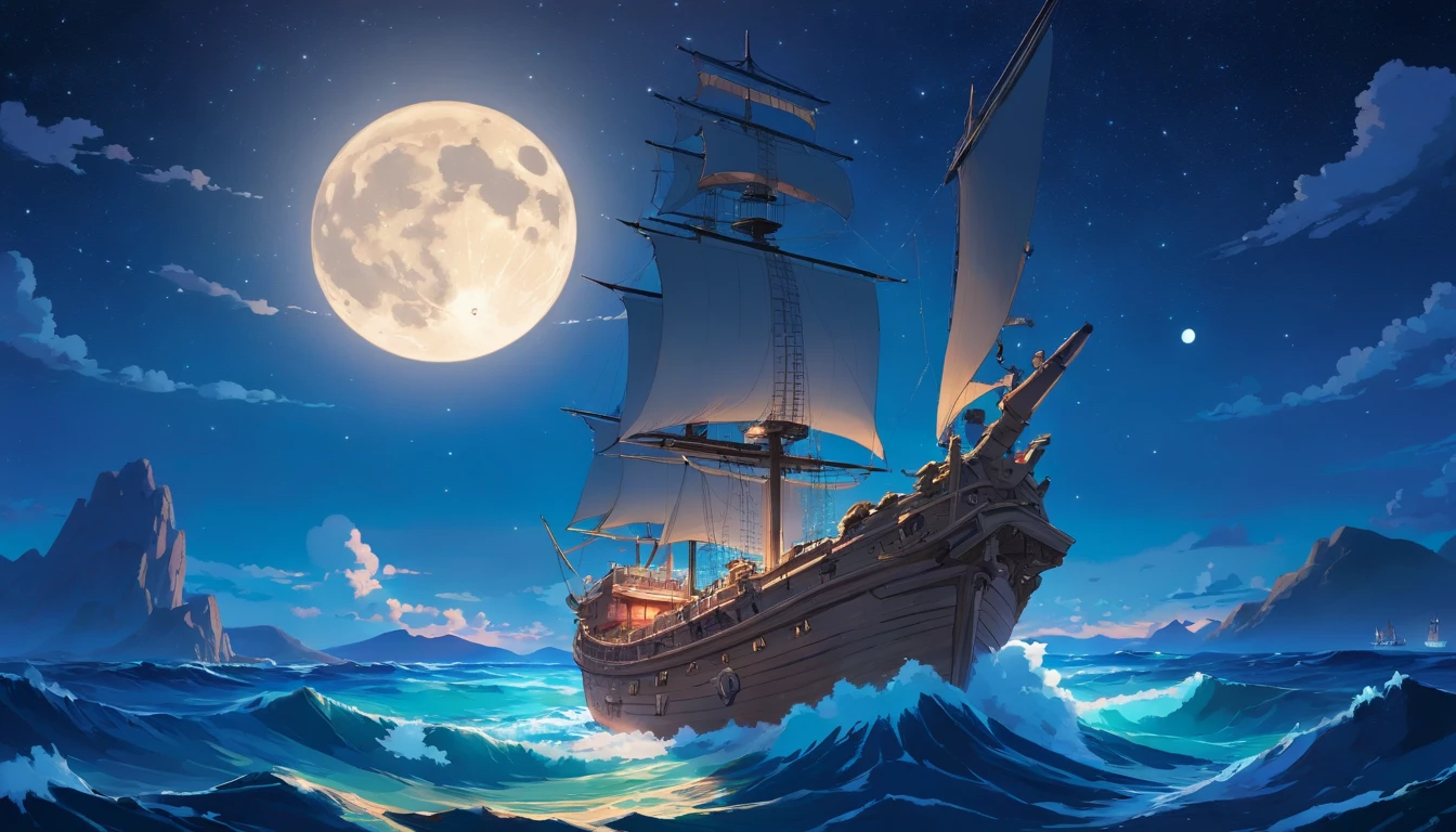 ocean, midnight, stars, full moon, lone wood ship with sails