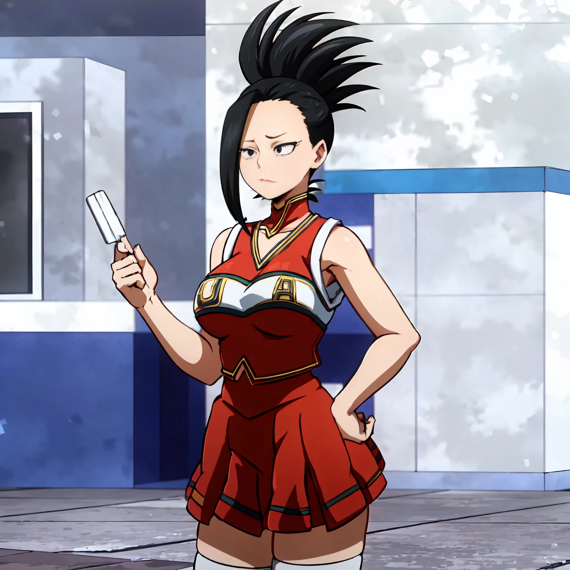 "Yaomomo wearing a white miniskirt with red thigh-highs which reach the hips, a black top with off-the-shoulder sleeves and golden chains around the neck and waist, white platform heels and the typical leader-cheerleader pose which involves holding the shoulders and head with one hand on the hip."