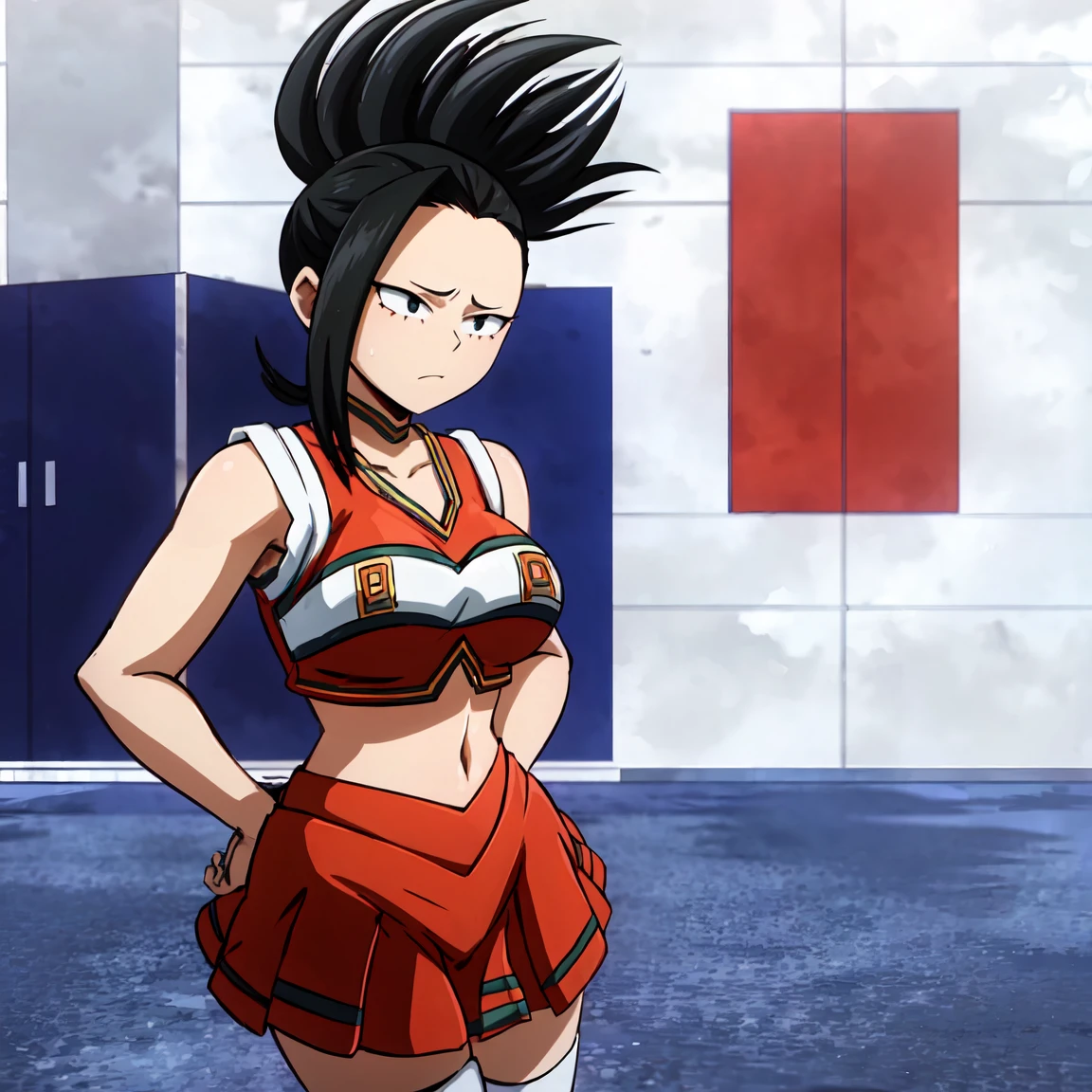 "Yaomomo wearing a white miniskirt with red thigh-highs which reach the hips, a black top with off-the-shoulder sleeves and golden chains around the neck and waist, white platform heels and the typical leader-cheerleader pose which involves holding the shoulders and head with one hand on the hip."