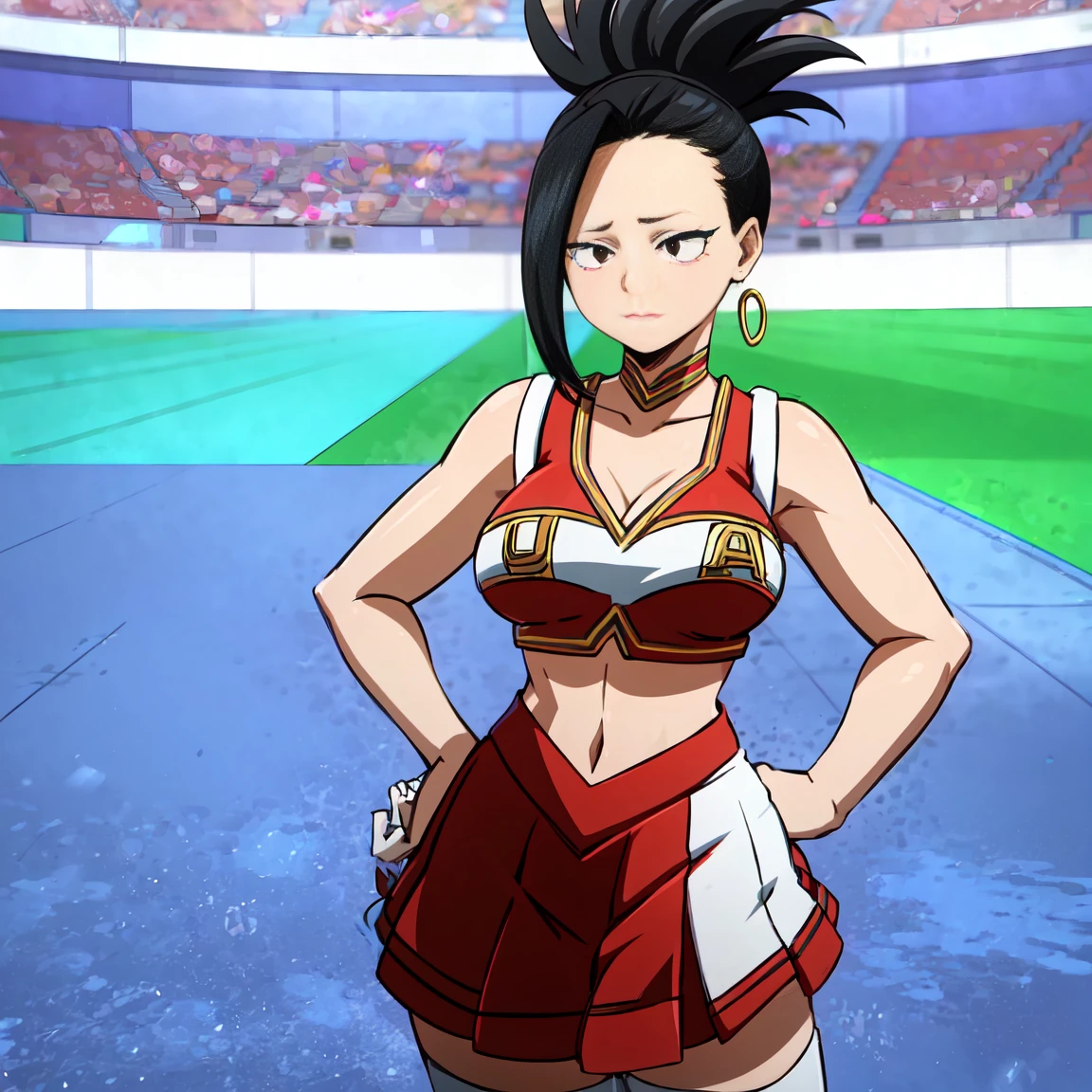 "Yaomomo wearing a white miniskirt with red thigh-highs which reach the hips, a black top with off-the-shoulder sleeves and golden chains around the neck and waist, white platform heels and the typical leader-cheerleader pose which involves holding the shoulders and head with one hand on the hip."