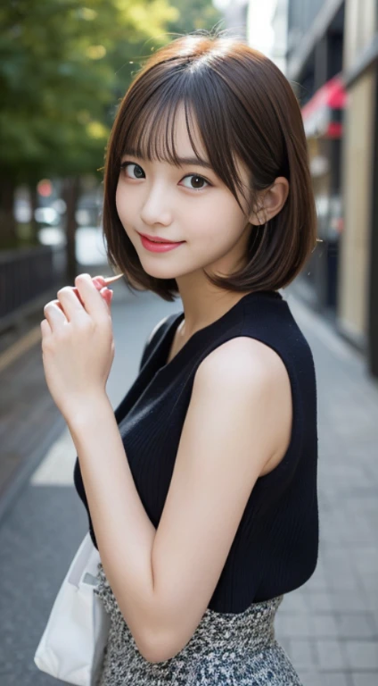 table top, highest quality, figure, super detailed, finely, High resolution, 8k wallpaper, 完璧なダイナミックな構figure, detailed and beautiful eyes, ladies&#39; fashion,very short hair,small breasts natural color lip, bold sexy pose,smile,Harajuku、20 year old girl、cute、sexy shot looking at camera