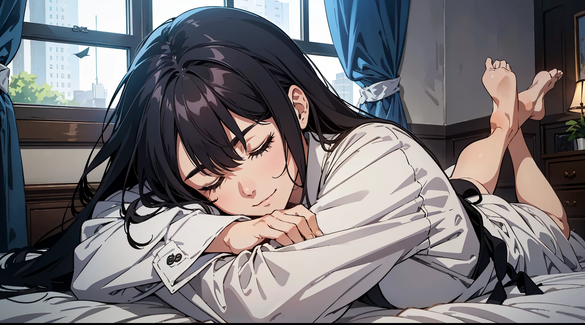 beautiful face, Black long hair, Pretty Girl ,white long sleeve dress shirt, animated movie, 1 girl sleeping, slightly smile, Shinkai Makoto, Close your eyes completely, In a room in the city, 1 woman, room with window, evening