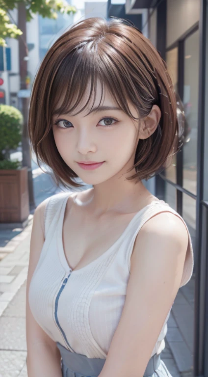table top, highest quality, figure, super detailed, finely, High resolution, 8k wallpaper, 完璧なダイナミックな構figure、27 year old cute girl、detailed beautiful face、detailed cute eyes、rough skin、Smile of embarrassment、Wavy brown short-cut hair、