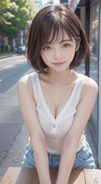 table top, highest quality, figure, super detailed, finely, High resolution, 8k wallpaper, 完璧なダイナミックな構figure、27 year old cute girl、detailed beautiful face、detailed cute eyes、rough skin、Smile of embarrassment、Wavy brown short-cut hair、