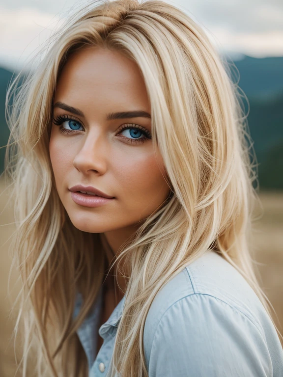 Photorealistic of a insanely beautiful woman with blonde windy messy hair, in the style of panasonic lumix s pro 50mm f/1.4, light beige and dark azure, celebrity images mashups, soft realism, barbiecore, unreal engine 5, 32k uhd, luminous quality, swiss realism, niji 5