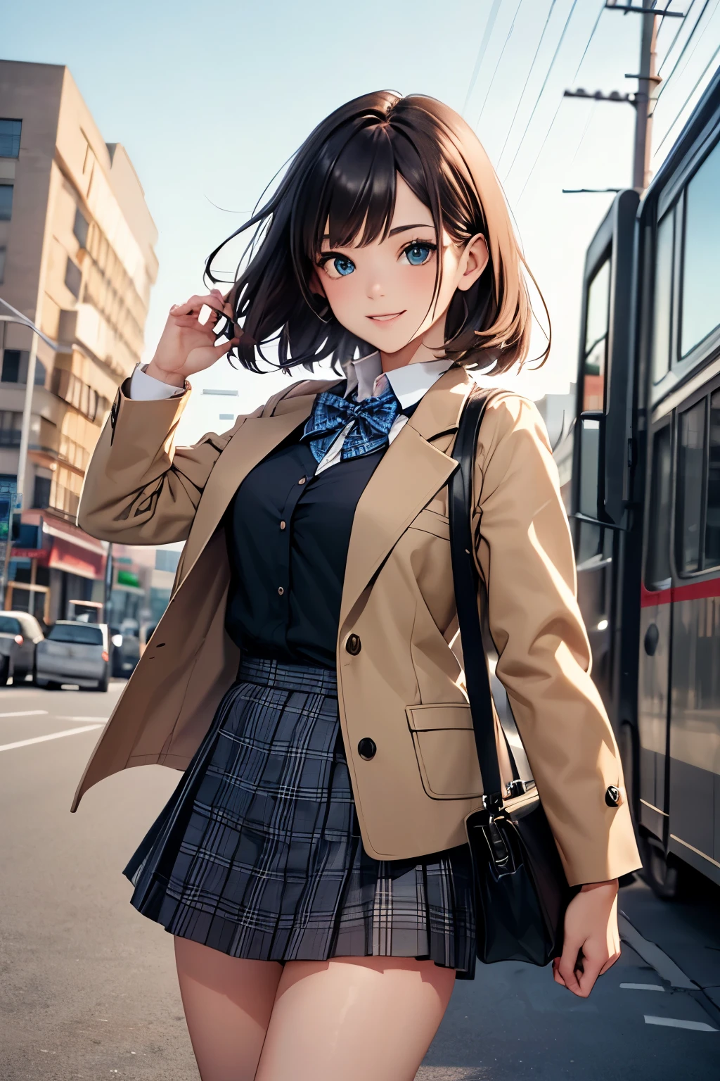 very cute and beautiful girl,(highly detailed beautiful face and eyes:1.2),smile,cowboy shot,
(brown jacket:1.2),collared shirt,plaid bowtie BREAK detailed legs,zettai ryouiki,brown shoulder bag,
stylish pose,dynamic angle,hair pin,black hair,(blue plaid mini skirt:1.2),downtown street,roadside trees,LRT,
(best quality,masterpiece:1.2),(intricate details:1.2),extremely detailed,highres,solo,
hair fluttering in the wind,beautiful detailed sky,