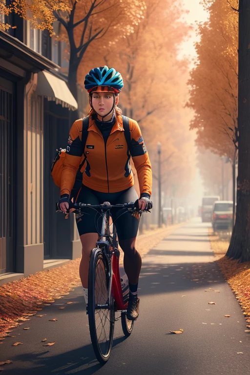 a Cycling postman, city view, Autumn Leaves Falling, octane render, intricate, (best quality, masterpiece, Representative work, official art, Professional, unity 8k wallpaper)