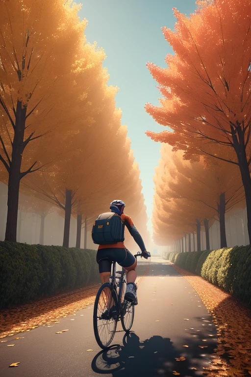 a Cycling postman, backview, city, Autumn Leaves Falling, octane render, intricate, (best quality, masterpiece, Representative work, official art, Professional, unity 8k wallpaper)
