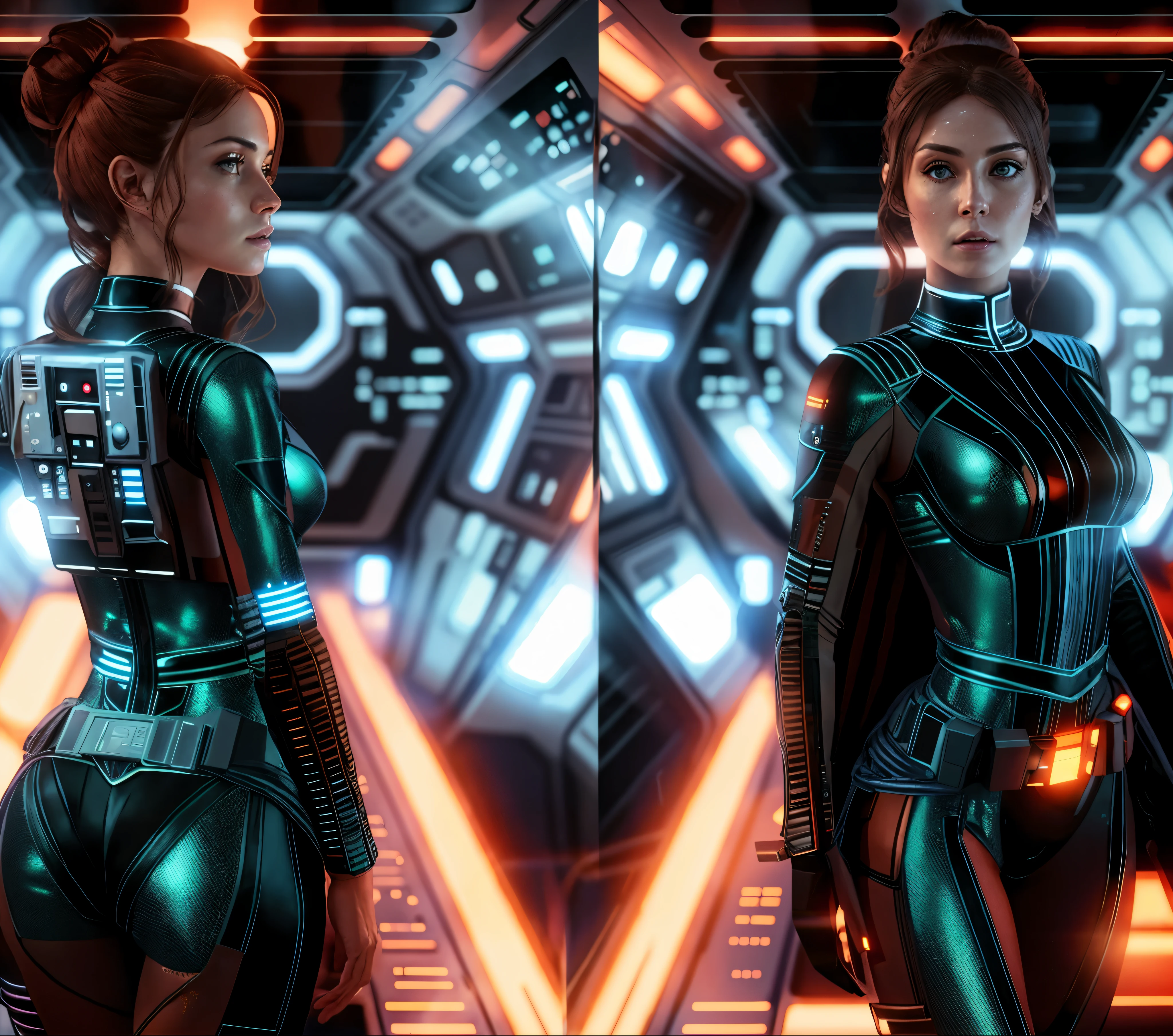 there  a woman in a star wars costume in a spaceship, an imperial agent from star wars, futuristic starship crew member, solo female character, hyper realistic sci fi realistic, cinematic highly detailed, sci fi female character, 8 k high detail and intricate, sci-fi female, highly detailed vfx portrait of, sci-fi highly detailed