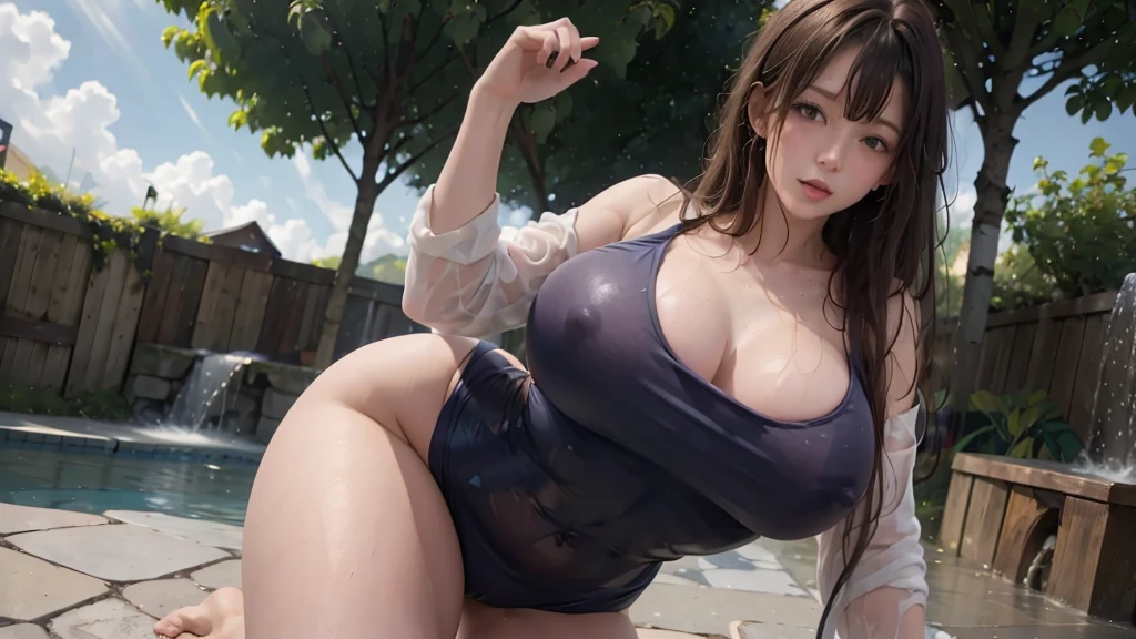 1girl , facing viewer, swim suit, shoulder black hair bangs, scenery swimming pool, wet body, wet hair, playing water, (1girl with gigantic breasts:1.2), big hips, big thighs, big butt, posing very lewd, view whole body