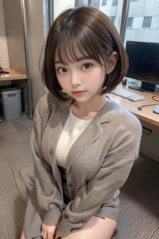 huge tit、G cup、Height 145 cm、22 years old、baby face、With a round face、Brown bob short hair、Wearing a gray suit、Wearing a gray miniskirt、Squatting in the office、Watching from above