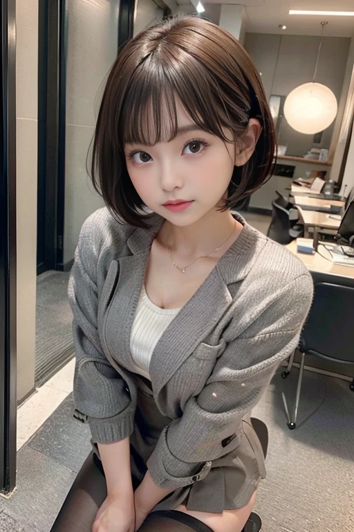 huge tit、G cup、Height 145 cm、22 years old、baby face、With a round face、Brown bob short hair、Wearing a gray suit、Wearing a gray miniskirt、Squatting in the office、Watching from above