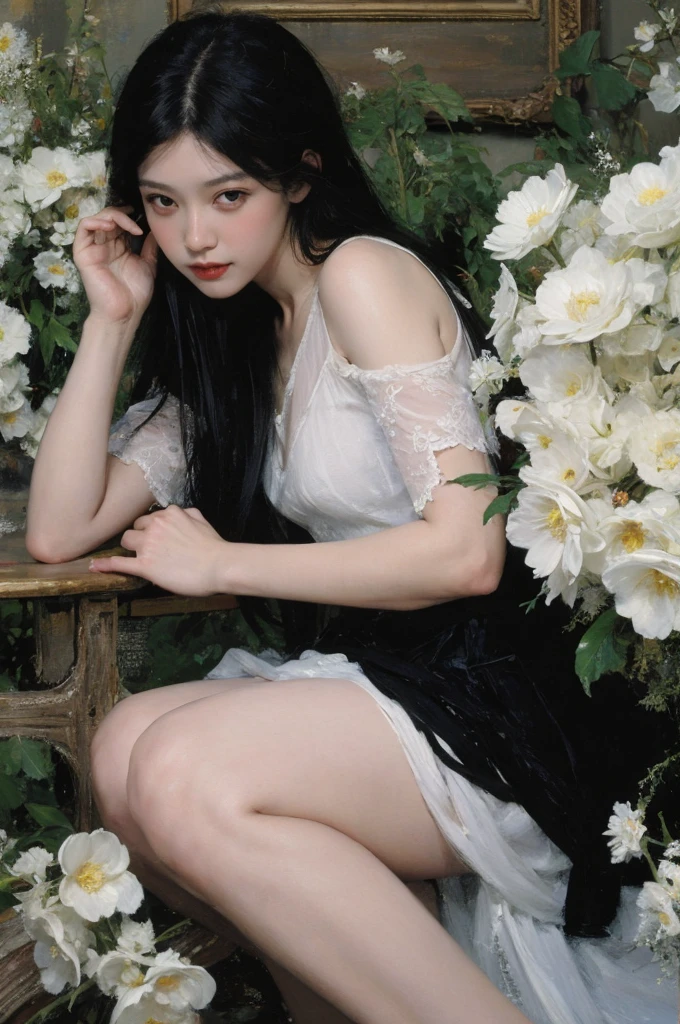 (oil painting:1.5),
\\
Woman with long black hair with white flowers lies in a field of white flowers., (Amy Sol:0.248), (Stanley Artgerm Lau:0.106), (detailed drawings:0.353), (gothic art:0.106)