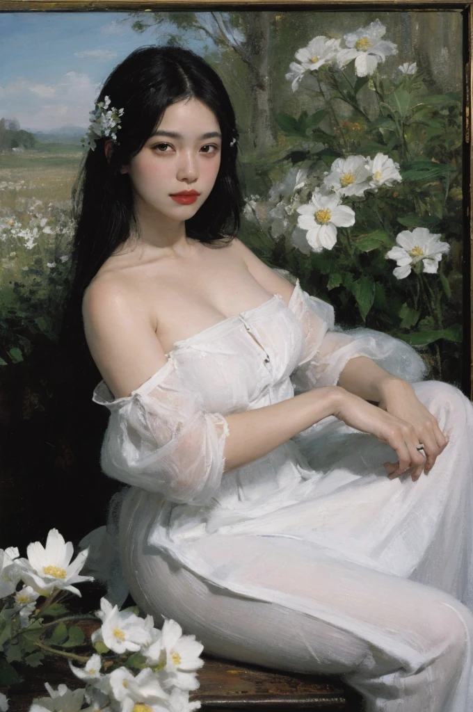 (oil painting:1.5),
\\
Woman with long black hair with white flowers lies in a field of white flowers., (Amy Sol:0.248), (Stanley Artgerm Lau:0.106), (detailed drawings:0.353), (gothic art:0.106)