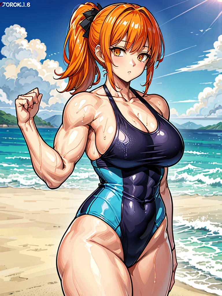 （（（masterpiece、Highest image quality、highest quality、highly detailed unity 8ｋwallpaper）））、（（Illustration of one girl））、（（（beautiful girl）））、（（orange hair、side ponytail、orange eyes））、（（（stocky build：1.3, thickset physique, muscular legs, broad shoulders, solid chest）））、swimsuit、sandy beach