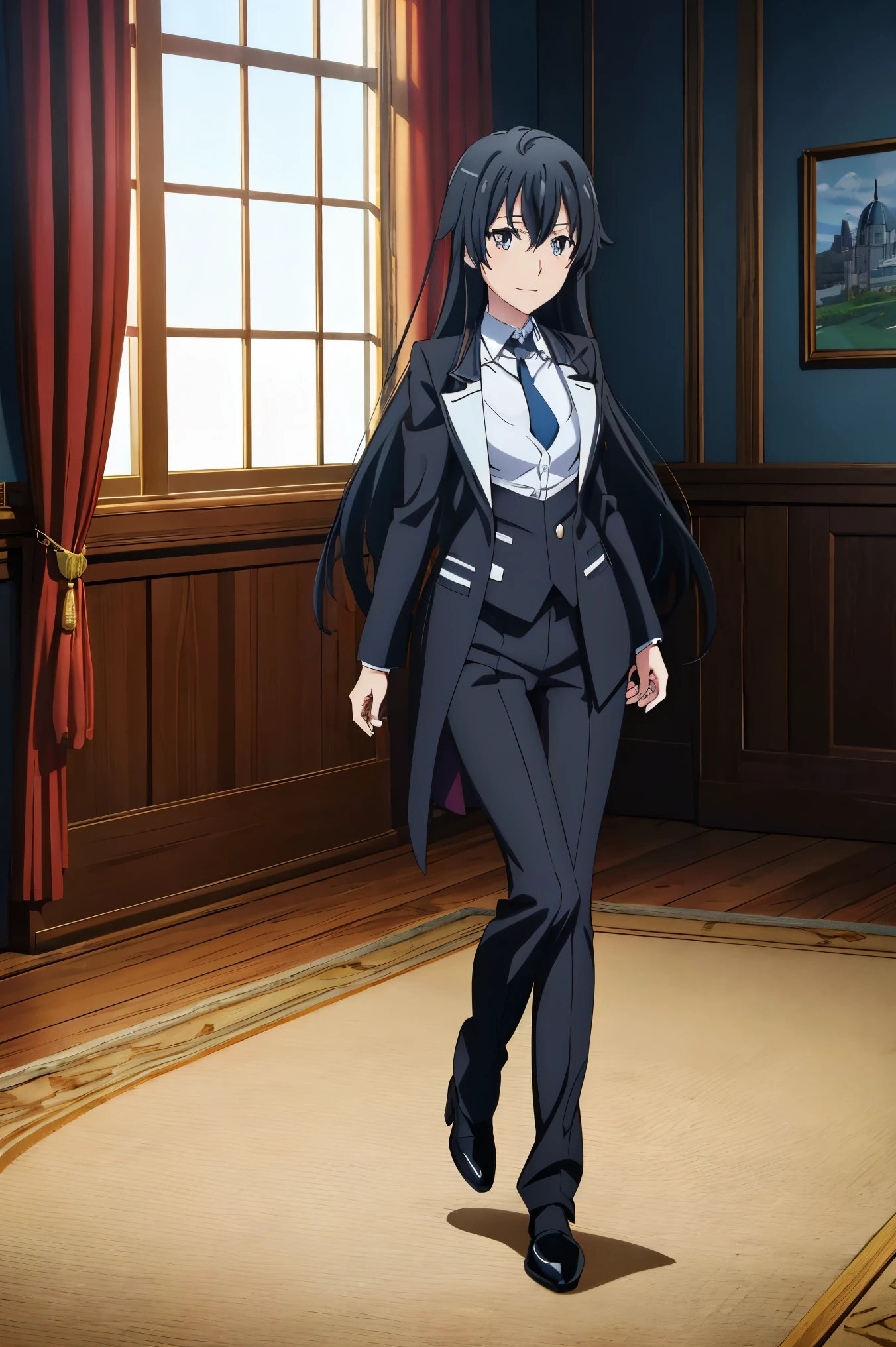 Yukinoshita yukino ,woman in formal attractive tailcoat standing in a large alcove in the room , 1girl, solo, blue necktie, black hair, blue eyes, long hair, smile , collared shirt, white pants, white shirt , tailored tailcoat elegant , standing in front of a window ,tailcoat tailored to perfection crafted from the lustrous fabric, anime moe artstyle, smooth anime cg art, official character art, beautiful anime, fanart, , official art, anime visual of a cute girl, attractive anime girl, high detailed official artwork, visual novel key visual, painted in anime painter studio