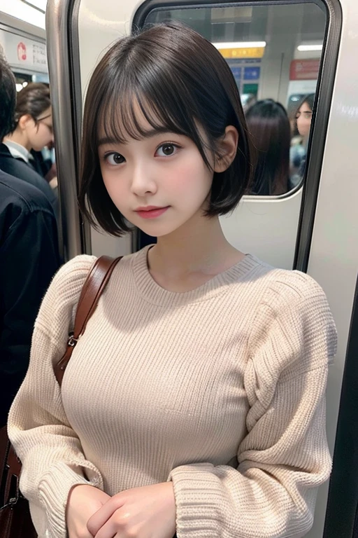 best image quality、4K quality、8K quality、huge tit、G cup、Height: 145cm、22 years old、baby face、With a round face、Japanese hair short hair、wearing a long-sleeved dress、Standing in front of me on a crowded train、looking from above、put your hand on your chest