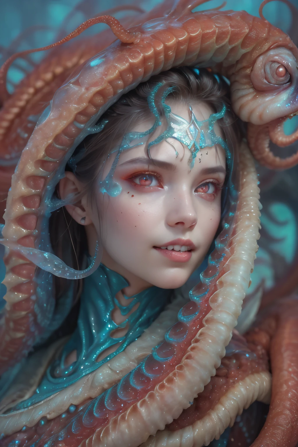 scary and sexy detailed art in color, Portrait, (beautiful and obscene female alien:1.4), (vulgarity1.5), (she has red eyes with no pupils:1.8), (Translucent skin:1.7), (There is a female genital-like organ in the middle of the forehead:1.9), (The most beautiful face in the history of the universe:1.2),an evil gaze that seduces, (large mouth:1.1), (sharp teeth like a vampire:1.2), Full body portrait, (bio luminescent:1.5), (Smile wickedly:1.3), (sexypose:1.5), alien, No humans, cells are fused, (Lots of translucent tentacles:1.3) extraterrestrial, cell, bio image, best quality, 8K,In 4K_quality, High freshness, Dramatic Lighting, masutepiece:1.5,cinematic quality, detail up, (exquisite details:1.2), high resolution, High freshness, drawing faithfully, (Thick eyebrows:1.2), Beautiful eyes with fine symmetry,(Highly detailed face and eyes:1.2), Intimate face, (Super detailed skin quality feeling:1.4), perfect anatomy, (Beautiful toned body:1.5), (Moist skin:1.2), not wearing makeup, (dark circles:1.1), long canines, cinematic drawing of characters, ultra high quality model, cinematic quality, detail up, (exquisite details:1.2), high resolution, High freshness, drawing faithfully, official art, Unity 8K Wall , 8K Portrait, best quality, Very high resolution, ultra detailed artistic photography, midnight aura, unreal engine 5, Ultra Sharp Focus, art by Amano Yoshitaka, ArtGerm, Roisch, intricate artwork, best quality, masterpiece, ultra high resolution, (photos realistic:1.4), ultra realistic realism, dream-like, nautilus, Creation of fantasy, Snail, Dream Snail, (biopunk nautilus:1.3),Thrilling color schemes, ultra realistic realism, seductively smiling, Blue tentacles,
