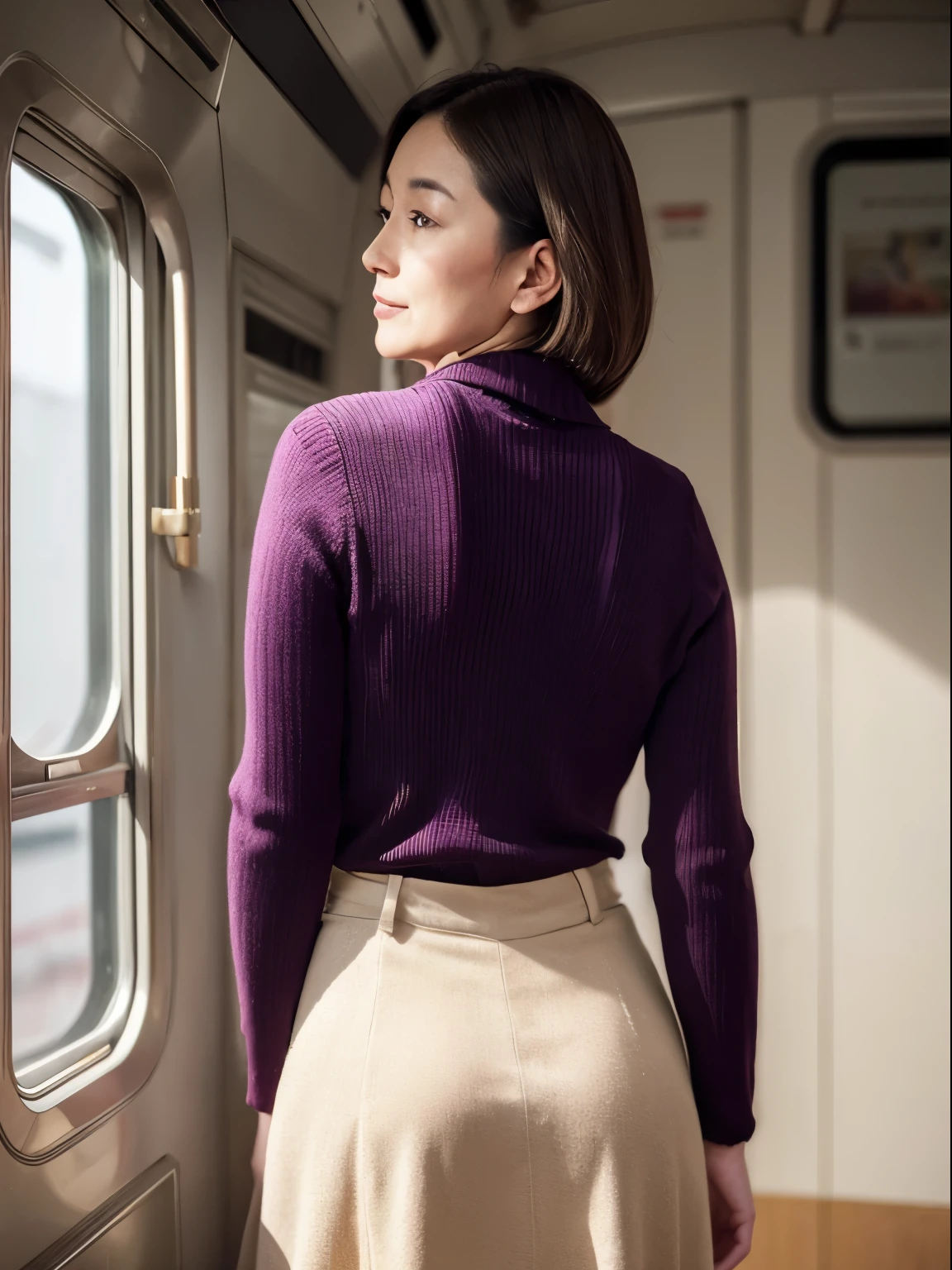 in 8K、Raw photography、Highest Quality、realisitic、Photorealsitic、Professional Lighting、masterpiece、Very delicate and beautiful woman).A women in knits and long skirts, looking back at the camera, on an empty train. 45 years old. A woman similar to Hitomi Kuroki, Has big breasts of J cup.((backtrack, side shot)), Captured from side,Rounded buttocks