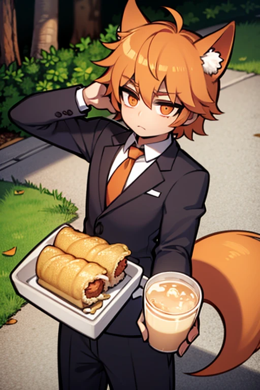 An orange haired handsome boy with short hair with orange eyes  and orange fox ears and a tail is eating ice cream in the park in a suit
