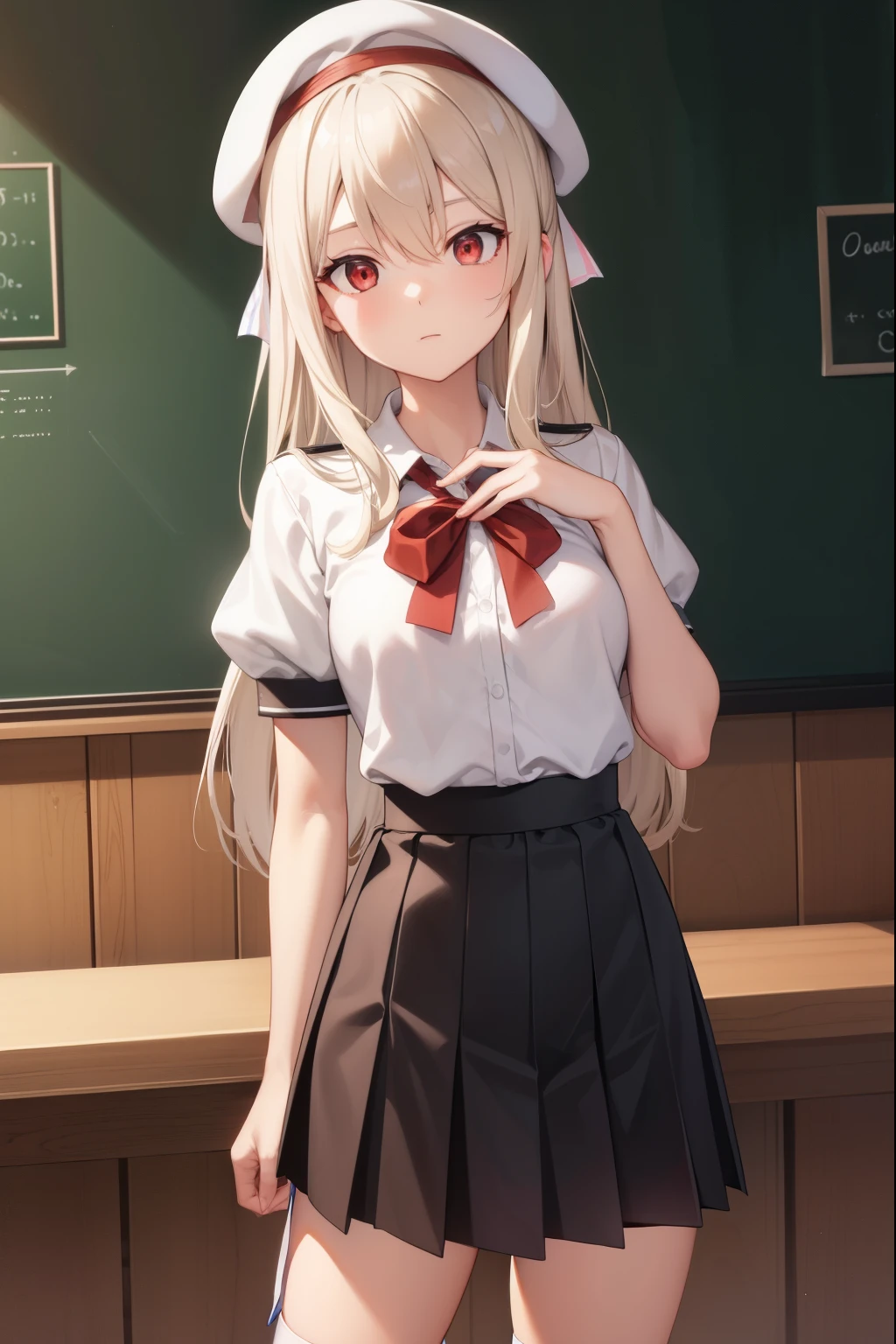 illyasvielvoneinzbern, illyasviel von einzbern, blonde hair, hair between eyes, long hair, (red eyes:1.5),
BREAK beret, black skirt, brown footwear, collared shirt, hat, homurahara academy school uniform, kneehighs, loafers, pleated skirt, puffy short sleeves, puffy sleeves, red ribbon, ribbon, school uniform, shirt, shoes, short sleeves, skirt, socks, white headwear, (white shirt:1.5), white socks,
BREAK indoors, classroom,
BREAK looking at viewer, (cowboy shot:1.5),
BREAK (masterpiece:1.2), best quality, high resolution, unity 8k wallpaper, (illustration:0.8), (beautiful detailed eyes:1.6), extremely detailed face, perfect lighting, extremely detailed CG, (perfect hands, perfect anatomy),