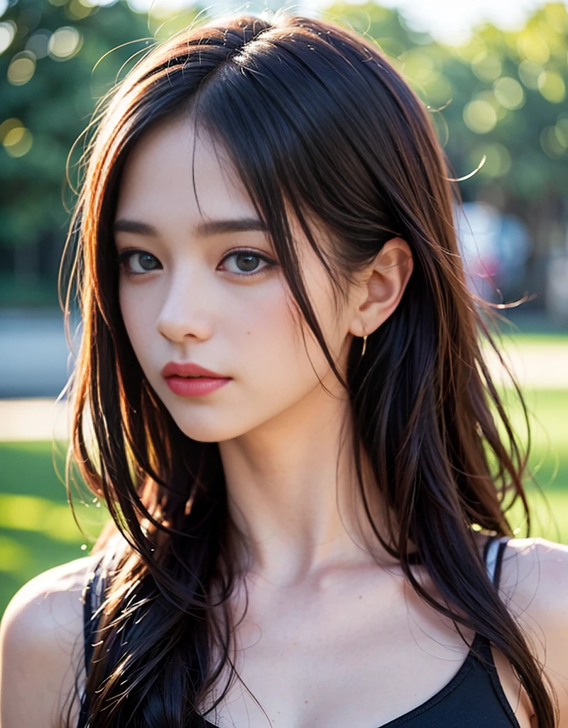 Film portrait photography, 1 girl, shoulder, Shoulder length wavy hair, Moderate, kindness, Moderate gaze, (realistic detailed eyes, natural skin texture, realistic face details), Soft dramatic lighting, depth of field, Bokeh, vivid details, detail, hyper-realistic, 35mm film, Vague