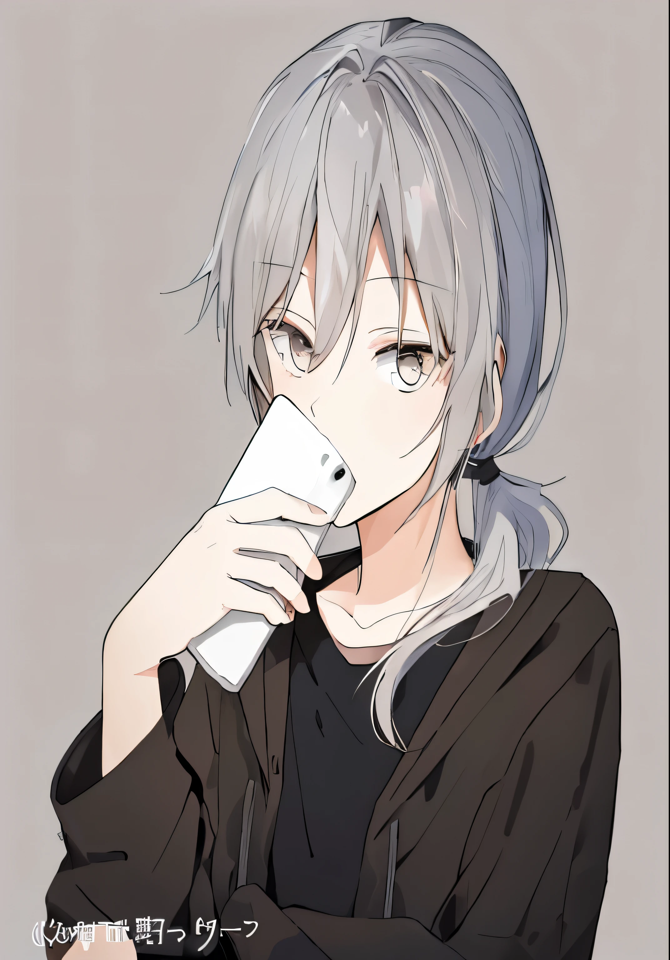 一个男人用杯子喝水的anime style形象, Kaoru Nagisa, gray hair, young anime man, silver hair (ponytail), silver haired, anime style,