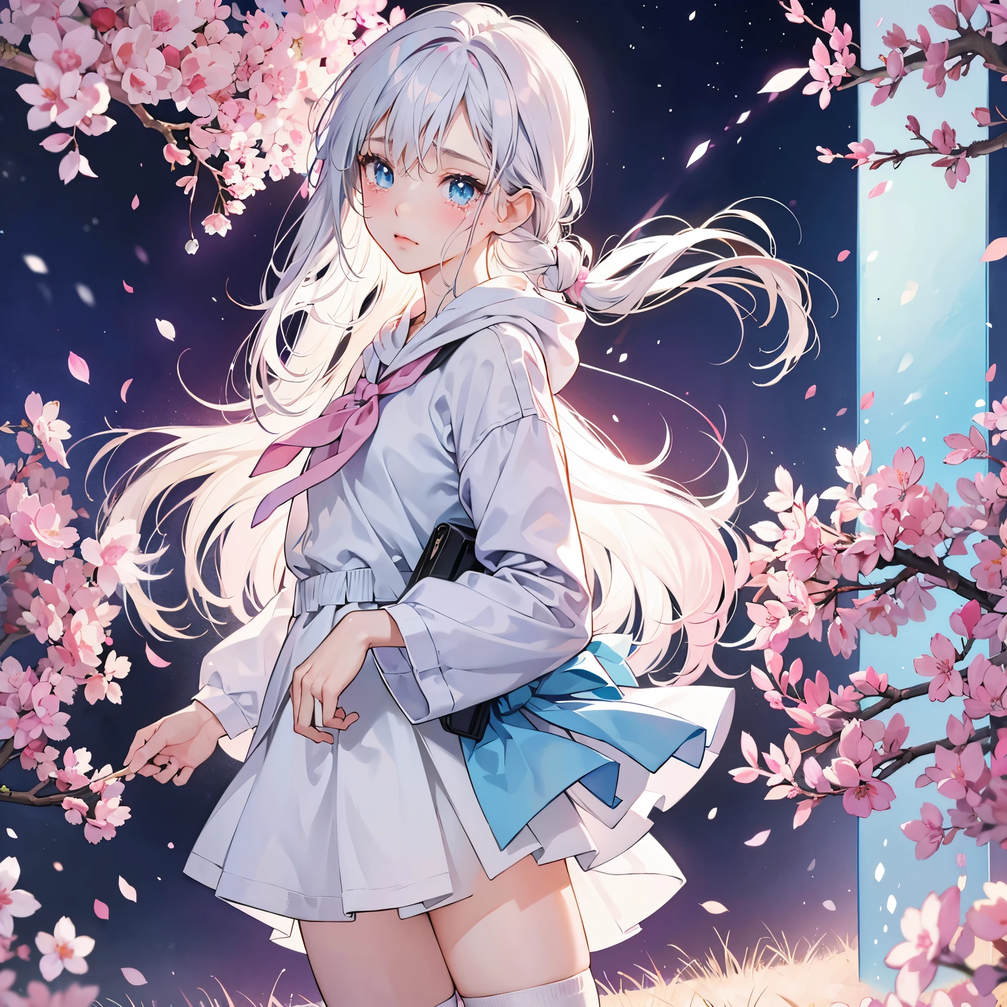 ((quality)), ((​Masterpiece)), ((Super detailed)), (extremely delicate and beautiful), 女孩and, Report, ,((white hoodie)),She was(Wronged)and(cry and tears)It seems,depth of field,Pink bright light blue eyes under sakura tree in japan,interior color，white hair with light pink tips,,,,,,,,,,,,,,,,,,,,,,,cold background,Long Hair - Linear Art, shorts、knee socks、white school uniform、Light blue ribbon tie、The clothes are transparent and the hands under the eyes are as pink as they are wiping tears.，Pouting,Pink shoulder strap, A small pink light floats、dreamy eyes with tearangs fall on eyes, 给人一种Wronged可爱的印象.

