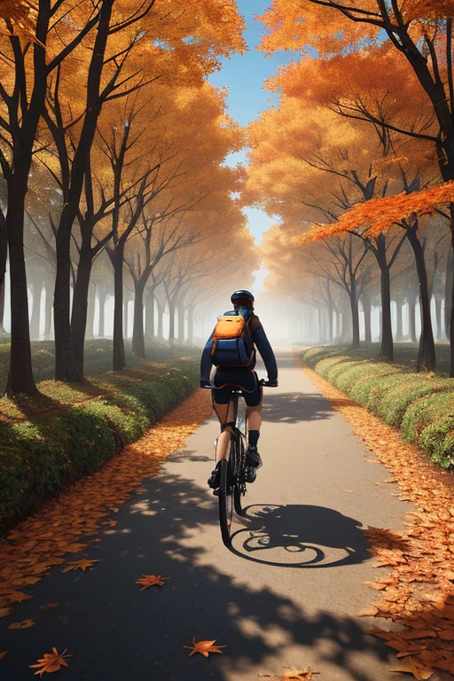 Cycling postman, backview, Autumn Leaves Falling, Leaves in the air, wind effect, octane render, intricate, (best quality, masterpiece, Representative work, official art, Professional, unity 8k wallpaper)