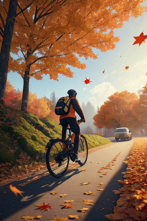 Cycling postman, backview, Autumn Leaves Falling, Leaves in the air, wind effect, octane render, intricate, (best quality, masterpiece, Representative work, official art, Professional, unity 8k wallpaper)