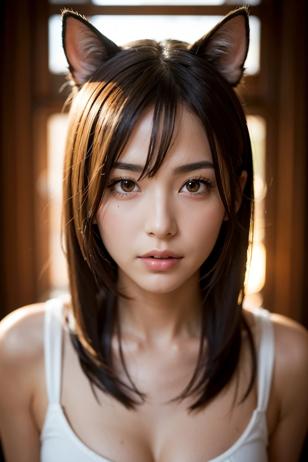 (8K, high dynamic range, high resolution), ((((photography, original photo, Surreal, masterpiece, best quality, ultra high resolution)))), (Needle lamp, backlight, backlight, film light), sharp focus:1. 4, (Ultra-detailed, Detailed), face close up, close up,
1 girl, egg-shaped face,cat eyes, small, plump lips, Straight and cute nose, The cheekbones are slightly reddened, Thick eyebrows and long, beautiful eyelashes.