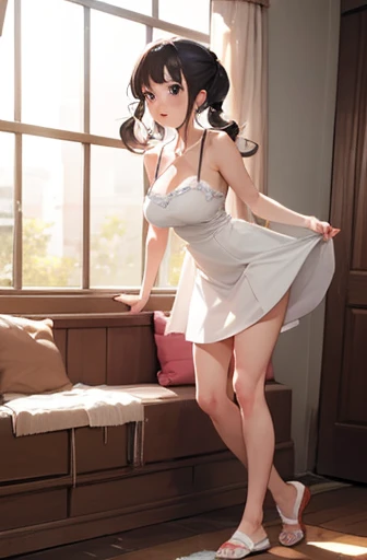 android, mechanical robot, very short pigtails,brown hair, Hair tie with two big red clothespins, joint seam, blue eyes, full body figure, Height: 160cm, Light beige micro mini dress, fluttering skirt, skirt turned up folds, white retro swimwear, Uplifting, flushed cheeks, 2020s anime picture,ball joint, missionary angle, 歓喜, 満面の笑み, 25歳, NSFWなし, 機械の関節