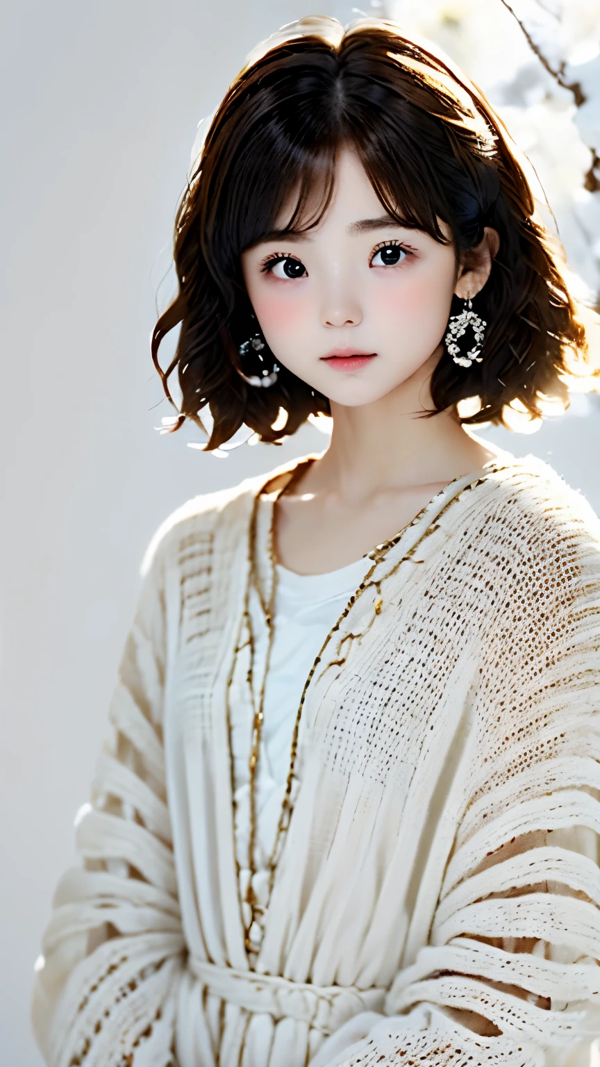 Portrait、master piece:1.3、one girl、upper body、Upper body、baby face、natural look、Very cute、brown hair、short bob、small red earrings、plump lips、no makeup、white t-shirt、focus on face、highest quality、high resolution、Super detailed、High quality、Detailed details、8k、(((blurred background、white wall、white background、a white world、photography studio:1.5、cinematic lighting、professional photographer)))