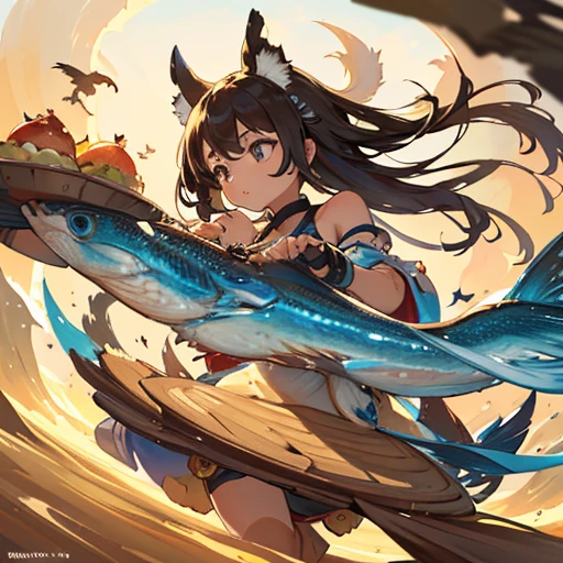 A girl covered in a wide variety of food parfaits offering a wide variety of animals.、amazing dynamism、amazing angle、unstable anti-gravity sandstorm、((Many friendly large and diverse birds float closely together and chase each other.))、((surround each other'large variety of fish))