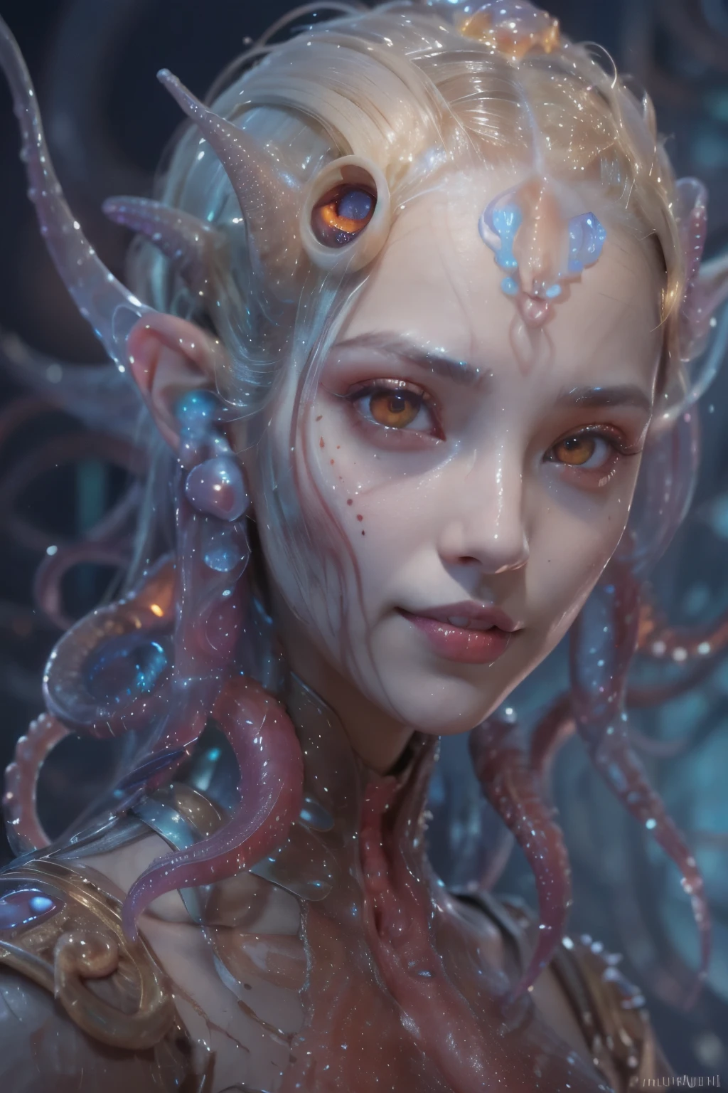 scary and sexy detailed art in color, Portrait, (beautiful and obscene female alien:1.4), (vulgarity1.5), (she has red eyes with no pupils:1.8), (Translucent skin:1.7), (There is a female genital-like organ in the middle of the forehead:1.9), (The most beautiful face in the history of the universe:1.2),an evil gaze that seduces, (large mouth:1.1), (sharp teeth like a vampire:1.2), Full body portrait, (bio luminescent:1.5), (Smile wickedly:1.3), (sexypose:1.5), alien, No humans, cells are fused, (Lots of translucent tentacles:1.3) extraterrestrial, cell, bio image, best quality, 8K,In 4K_quality, High freshness, Dramatic Lighting, masutepiece:1.5,cinematic quality, detail up, (exquisite details:1.2), high resolution, High freshness, drawing faithfully, (Thick eyebrows:1.2), Beautiful eyes with fine symmetry,(Highly detailed face and eyes:1.2), Intimate face, (Super detailed skin quality feeling:1.4), perfect anatomy, (Beautiful toned body:1.5), (Moist skin:1.2), not wearing makeup, (dark circles:1.1), long canines, cinematic drawing of characters, ultra high quality model, cinematic quality, detail up, (exquisite details:1.2), high resolution, High freshness, drawing faithfully, official art, Unity 8K Wall , 8K Portrait, best quality, Very high resolution, ultra detailed artistic photography, midnight aura, unreal engine 5, Ultra Sharp Focus, art by Amano Yoshitaka, ArtGerm, Roisch, intricate artwork, best quality, masterpiece, ultra high resolution, (photos realistic:1.4), ultra realistic realism, dream-like, nautilus, Creation of fantasy, Snail, Dream Snail, (biopunk nautilus:1.3),Thrilling color schemes, ultra realistic realism, seductively smiling, Blue tentacles,