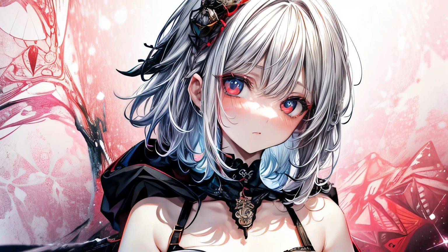 White hair, short hair, red eyes, emo girl, medium hair, curly hair, bangs, eyes visible through hair, side braid, white hair, multicolored hair, red inner color, beautiful detailed Glass hair, delicate beautiful face, red pupils, fangs, small_breasts, pale blue eyes, white skin, choker, gloves, nice hands, perfect hands, bare hoodie, parted lips, blush, skirt, earring, bang, Masterpiece, best quality, ((zentangle, mandala, tangle, entangle), (fractal art:1.5)), ((glitter)),
