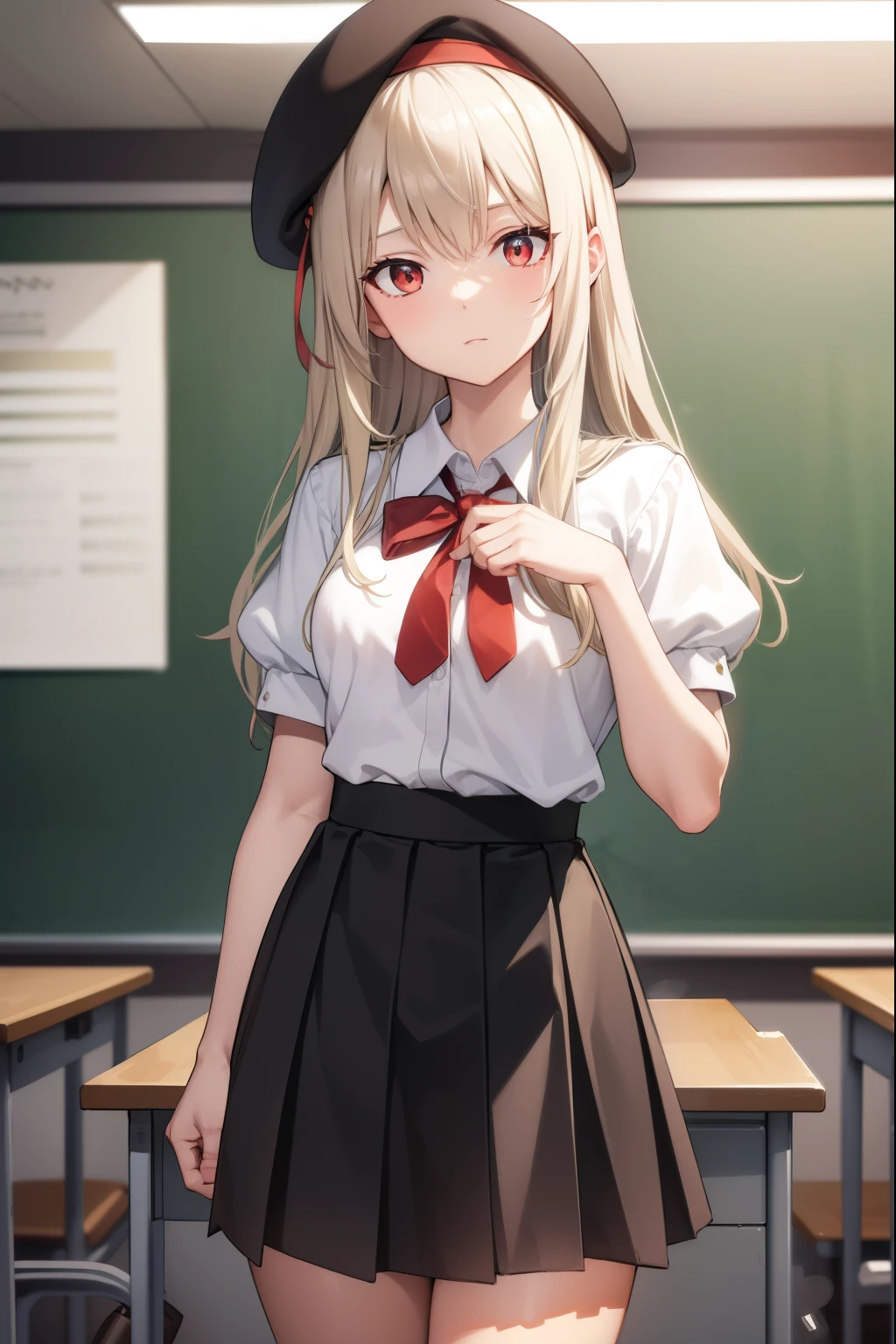 illyasvielvoneinzbern, illyasviel von einzbern, blonde hair, hair between eyes, long hair, (red eyes:1.5),
BREAK beret, black skirt, brown footwear, collared shirt, hat, homurahara academy school uniform, kneehighs, loafers, pleated skirt, puffy short sleeves, puffy sleeves, red ribbon, ribbon, school uniform, shirt, shoes, short sleeves, skirt, socks, white headwear, (white shirt:1.5), white socks,
BREAK indoors, classroom,
BREAK looking at viewer, (cowboy shot:1.5),
BREAK (masterpiece:1.2), best quality, high resolution, unity 8k wallpaper, (illustration:0.8), (beautiful detailed eyes:1.6), extremely detailed face, perfect lighting, extremely detailed CG, (perfect hands, perfect anatomy),