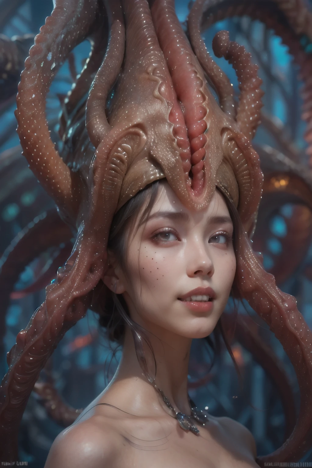 scary and sexy detailed art in color, Portrait, (beautiful and obscene female alien:1.4), (vulgarity1.5), (she has red eyes with no pupils:1.8), (Translucent skin:1.7), (There is a female genital-like organ in the middle of the forehead:1.9), (The most beautiful face in the history of the universe:1.2),an evil gaze that seduces, (large mouth:1.1), (sharp teeth like a vampire:1.2), Full body portrait, (bio luminescent:1.5), (Smile wickedly:1.3), (sexypose:1.5), alien, No humans, cells are fused, (Lots of translucent tentacles:1.3) extraterrestrial, cell, bio image, best quality, 8K,In 4K_quality, High freshness, Dramatic Lighting, masutepiece:1.5,cinematic quality, detail up, (exquisite details:1.2), high resolution, High freshness, drawing faithfully, (Thick eyebrows:1.2), Beautiful eyes with fine symmetry,(Highly detailed face and eyes:1.2), Intimate face, (Super detailed skin quality feeling:1.4), perfect anatomy, (Beautiful toned body:1.5), (Moist skin:1.2), not wearing makeup, (dark circles:1.1), long canines, cinematic drawing of characters, ultra high quality model, cinematic quality, detail up, (exquisite details:1.2), high resolution, High freshness, drawing faithfully, official art, Unity 8K Wall , 8K Portrait, best quality, Very high resolution, ultra detailed artistic photography, midnight aura, unreal engine 5, Ultra Sharp Focus, art by Amano Yoshitaka, ArtGerm, Roisch, intricate artwork, best quality, masterpiece, ultra high resolution, (photos realistic:1.4), ultra realistic realism, dream-like, nautilus, Creation of fantasy, Snail, Dream Snail, (biopunk nautilus:1.3),Thrilling color schemes, ultra realistic realism, seductively smiling, Blue tentacles,