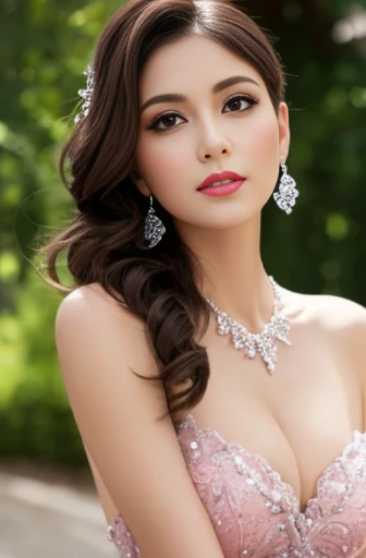 Lebanese woman, diamond dangling earrings, necklace, bracelets, small breasts, 40 years old, smokey eyes, cleavages, red lips, innocent face, pink Quinceanera ball gown, stylish hairstyle, posing, modeling