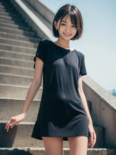 muste piece, Top quality, 8K, 15 years old, japanese girl, slender, Raw photo, absurd, award-winning portraits, (detailed face, shy smile), solo,navy blue sport mini dress, soaking wet、wet body、soaking wet、wet body、short sleeve, idol face, super mini skirt, slim legs, shoes,  whole body shot from the bottom of the stairs, whole body shot from a Low - Angle, detailed face), refreshing shy smile, slender girl, Golden short-cut hair, dark eyes, whole body, digital single lens reflex, look at the viewer, Frank, sophisticated, like々New, perfect whole body balance, (Low - Angle), professional lighting, (Eye and face details: 1.0), (It&#39;s blurry: 1.1)