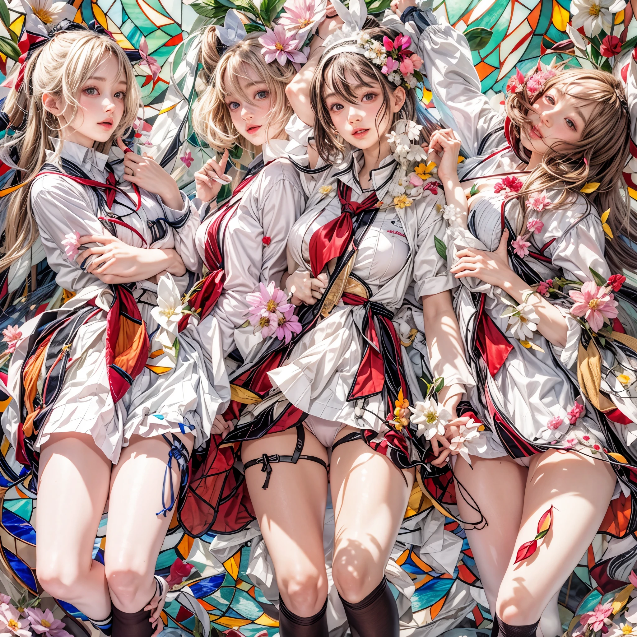(sfw, White and Red, Acutance:0.8), Masterpiece, (realistic and ((photorealistic:1.37)) with touch of rawness). A group of KAWAII girls in opened school uniform without bra . (extremely detailed KAWAII face variations, joyful expression variations), { Navel | pretty Ass | Overflowing underboob | (White panties) with blood only in crotch area | (full of Flowers covering girl's body) | (Dazzling colorful stained glass with delicate details:1.2) } . (Exposed:1.2), ((nipple:-0.9)), (not Detailed fingers:-0.9) .