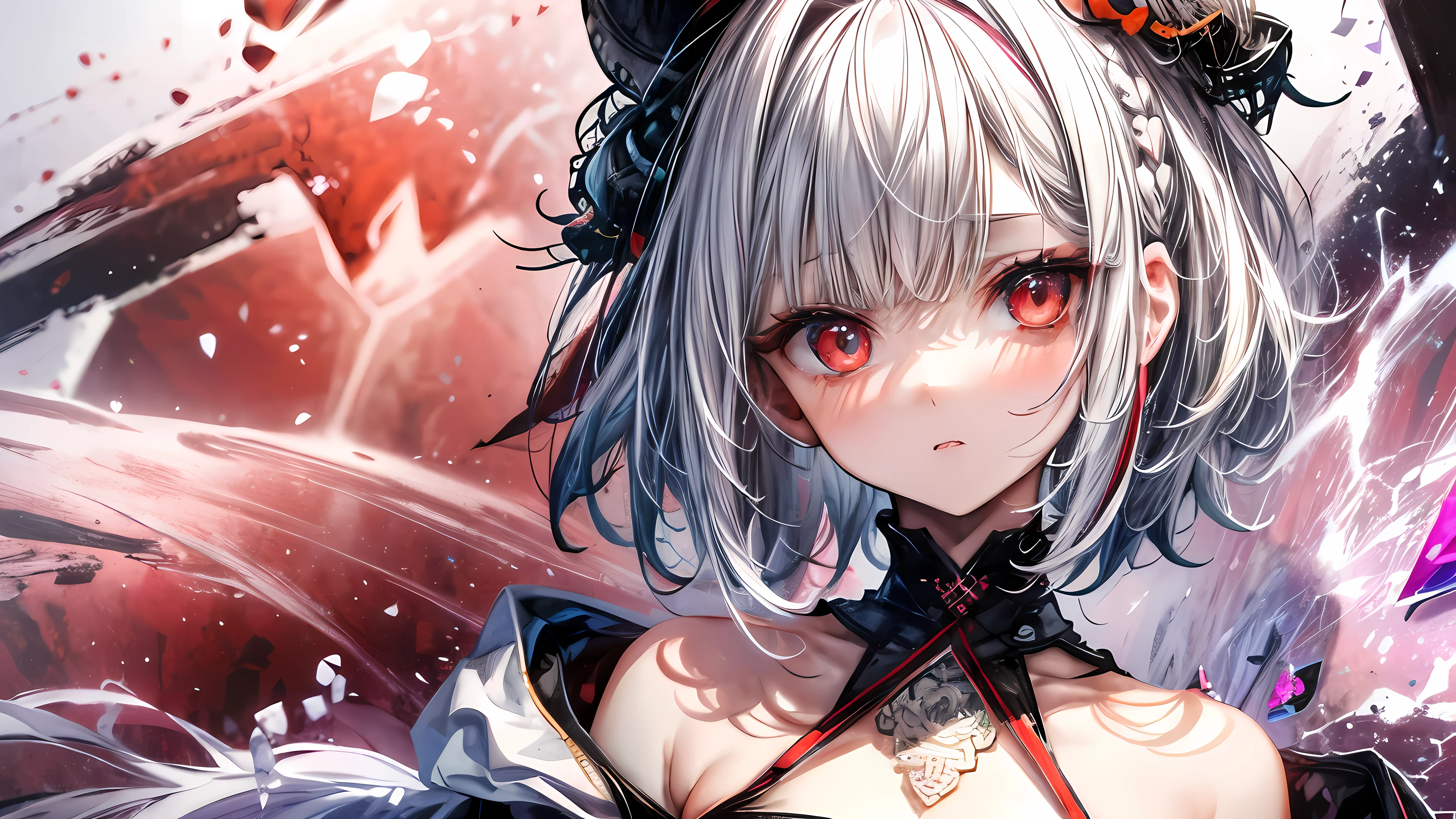gray hair, short hair, red eyes, emo girl, medium hair, curly hair, bangs, eyes visible through hair, side blade, gray hair, colorful hair, red inner color, beautiful detailed glass hair, delicate and beautiful features, red pupil, tooth, small_chest, pale blue eyes, white skin, choker, gloves, nice hands, perfect hands, naked hoodie, parted lips, blush, skirt, earrings, bang, masterpiece, highest quality, ((zentangle, mandala, tangle, entangle), (fractal art:1.5)), ((Sparkling)),