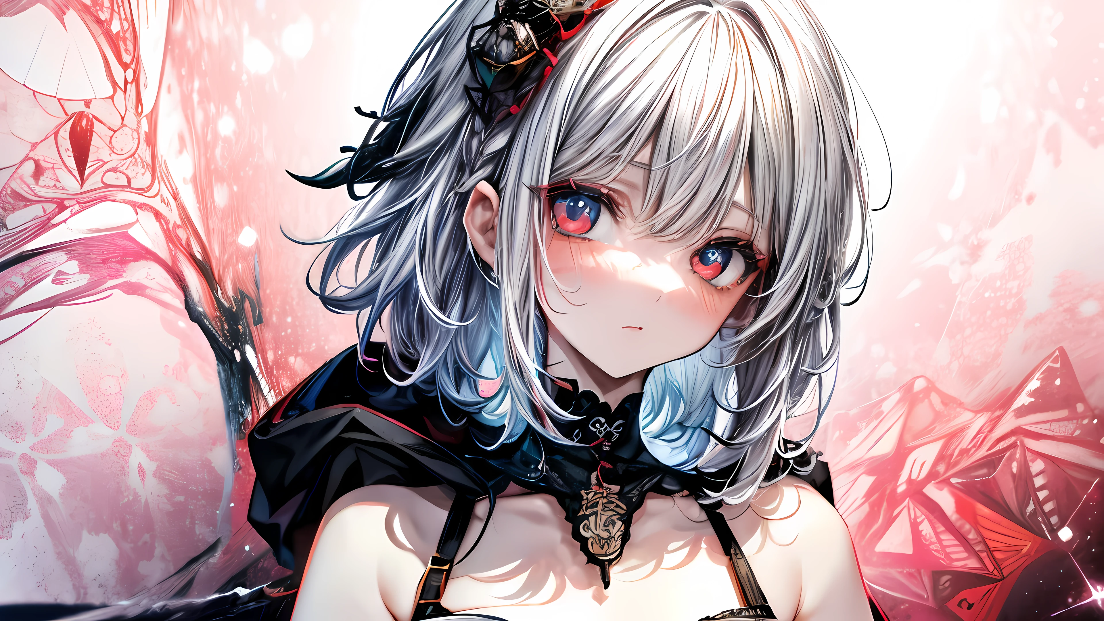 gray hair, short hair, red eyes, emo girl, medium hair, curly hair, bangs, eyes visible through hair, side blade, gray hair, colorful hair, red inner color, beautiful detailed glass hair, delicate and beautiful features, red pupil, tooth, small_chest, pale blue eyes, white skin, choker, gloves, nice hands, perfect hands, naked hoodie, parted lips, blush, skirt, earrings, bang, masterpiece, highest quality, ((zentangle, mandala, tangle, entangle), (fractal art:1.5)), ((Sparkling)),