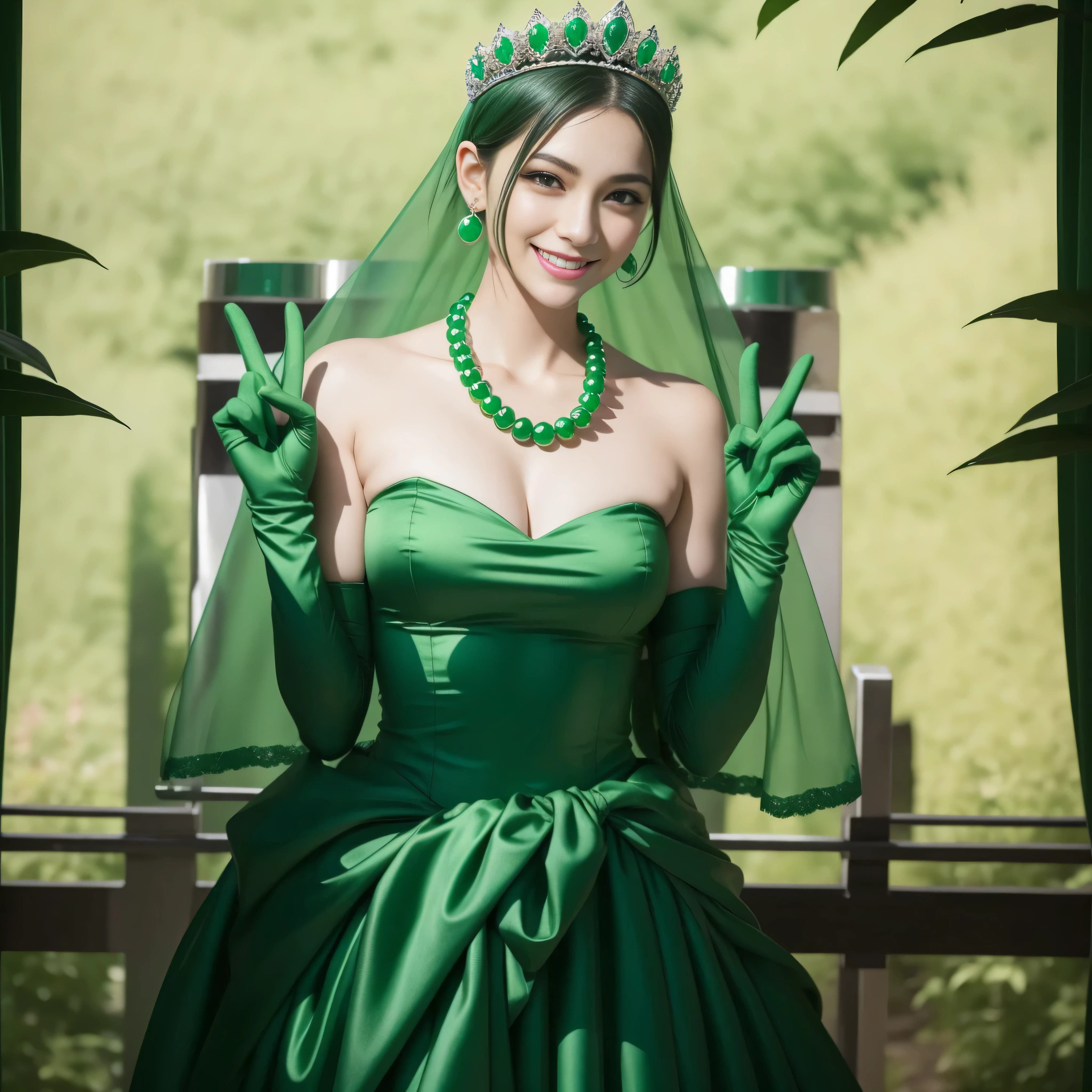 emerald tiara, Green Pearl Necklace, Boyish very short green hair, lipsticks, Japan woman smiling, very short short hair, Busty beauty, green eyes, Long green gloves made of satin material, green eyes, Emerald Earrings, green vale, v sign