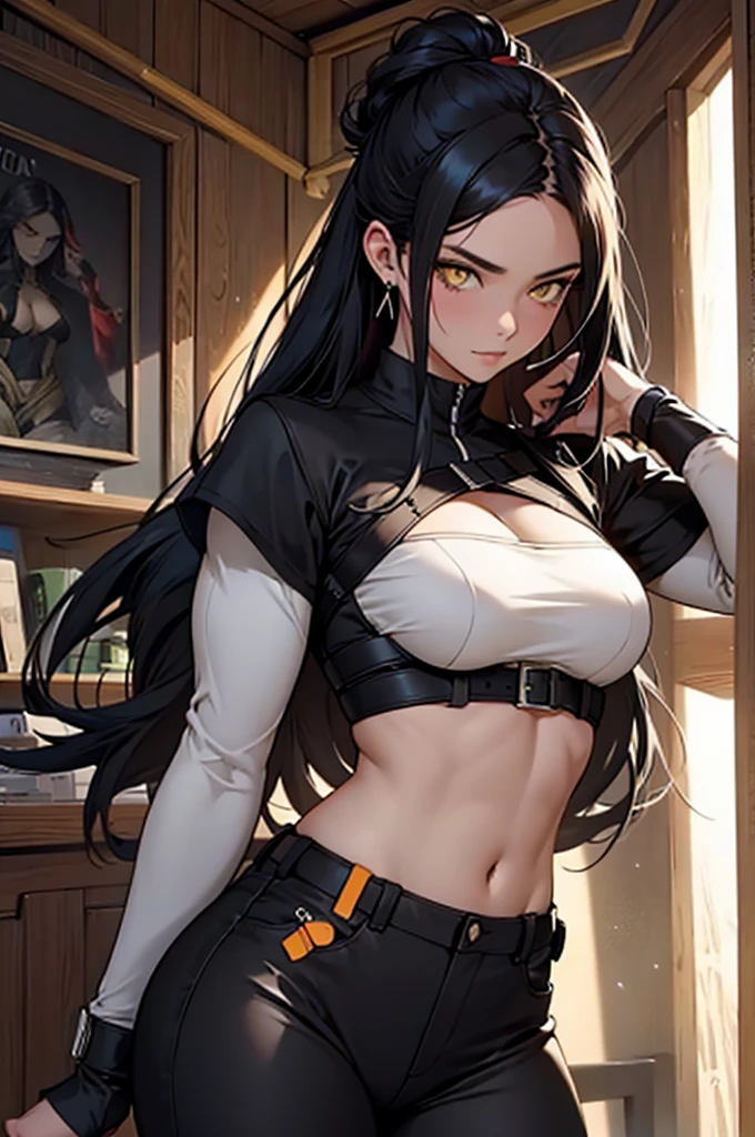 a beautiful woman with long hair, her delicate face exuding a cold and proud gaze, dressed in a high-collared crop top that exposes her waist and sleeveless leather armor, paired with tight-fitting leather pants, showcasing her athletic figure, holds a sword with a blue scabbard in her hand, she lazily sitting on a sofa, the character design depicting a fantasy-style bounty hunter with a Japanese anime design, the artwork features finely detailed character design, showcasing a mature Japanese manga artistic style, ((character concept art)), full body character drawing, high definition, best quality, ultra-detailed, extremely delicate, anatomically correct, symmetrical face, extremely detailed eyes and face, high quality eyes, creativity, RAW photo, UHD, 8k, (Natural light, professional lighting:1.2, cinematic lighting:1.5), (masterpiece:1.5)