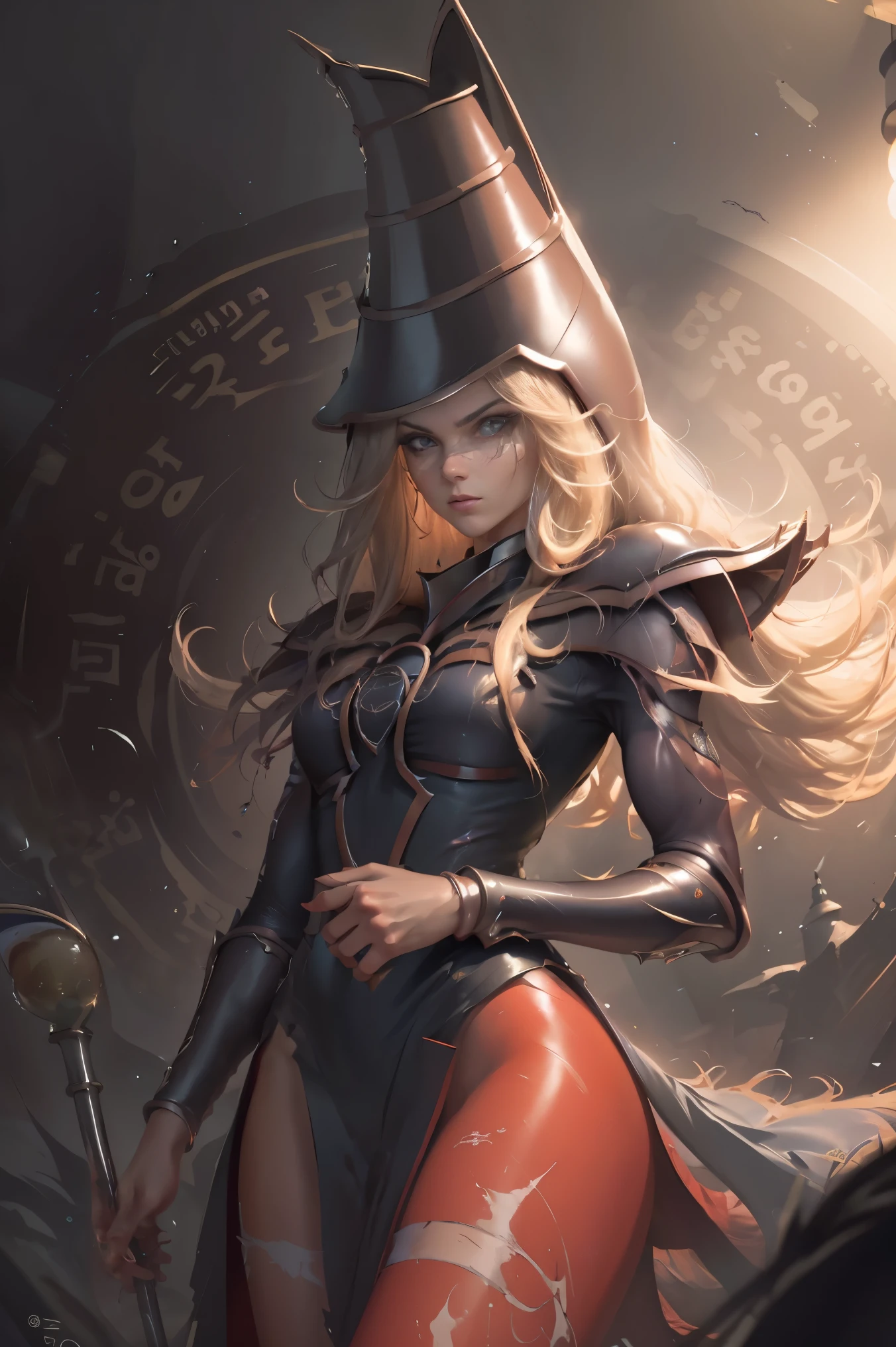 (8k,fotorrealista　Raw photography　highest qualityr;1.4) 　(1chica en)　super beauty　(cara realista)　cuerpo femenino 　(Rubia de rizos largos)　Hold a black and red magic wand　Escena de combate　Magic hat with black and gold exterior　Beautiful expression　Deslumbramiento　(Piel de aspecto real)　(Giles magos oscuros)　Tentador　Super high resolution　Un hiperrealista　Alto detalle　foto de cuerpo completo　restos