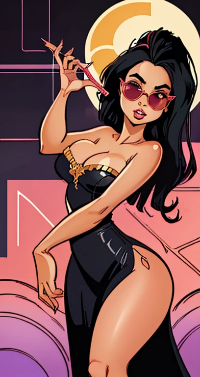 there a woman wearing sunglasses and a black dress, in style of digital painting, sultry digital painting, in style of digital illustration, style digital painting, # 1 digital painting of all time, #1 digital painting of all time, young glitched woman, low detailed. digital painting, clear portrait of demi rose, selfie of a young woman, art digital painting